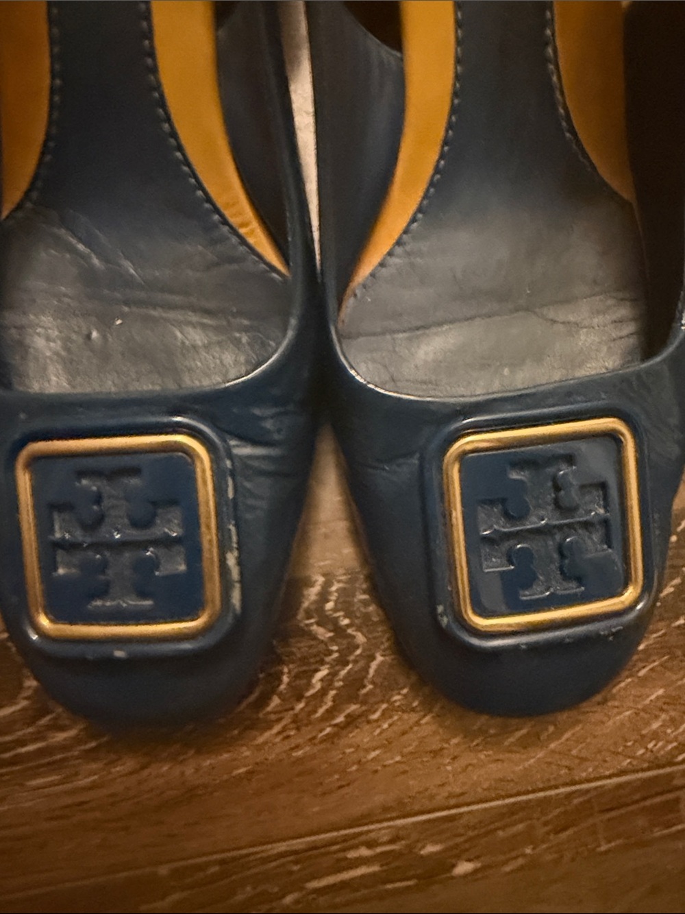 Tory Burch Navy and Yellow Slingback Logo Heels - Picture 3 of 8